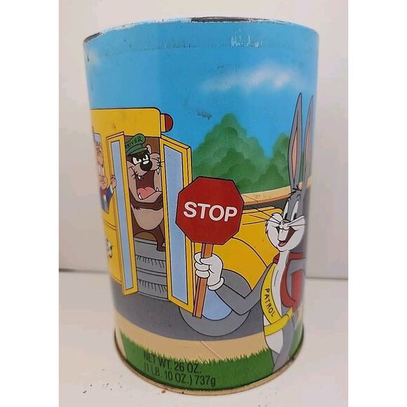 Vintage Brachs Looney Tunes School Bus Metal Tin Can w Lid 1990 Warner Bros Inc - Picture 5 of 8